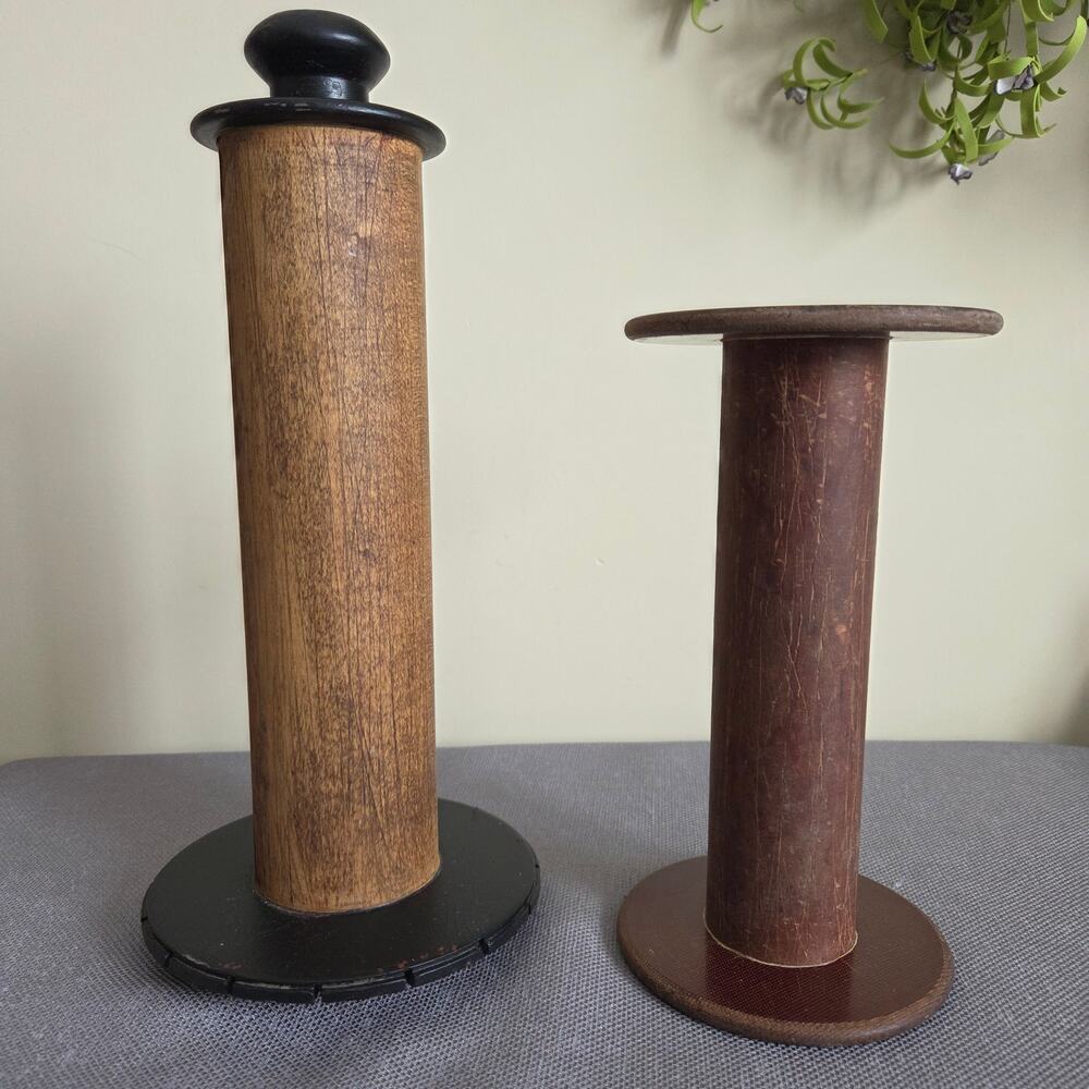 Antique Vintage Primitive Industrial Wood/Metal Textile Spools Bobbins 2 Pc Set - Picture 2 of 9